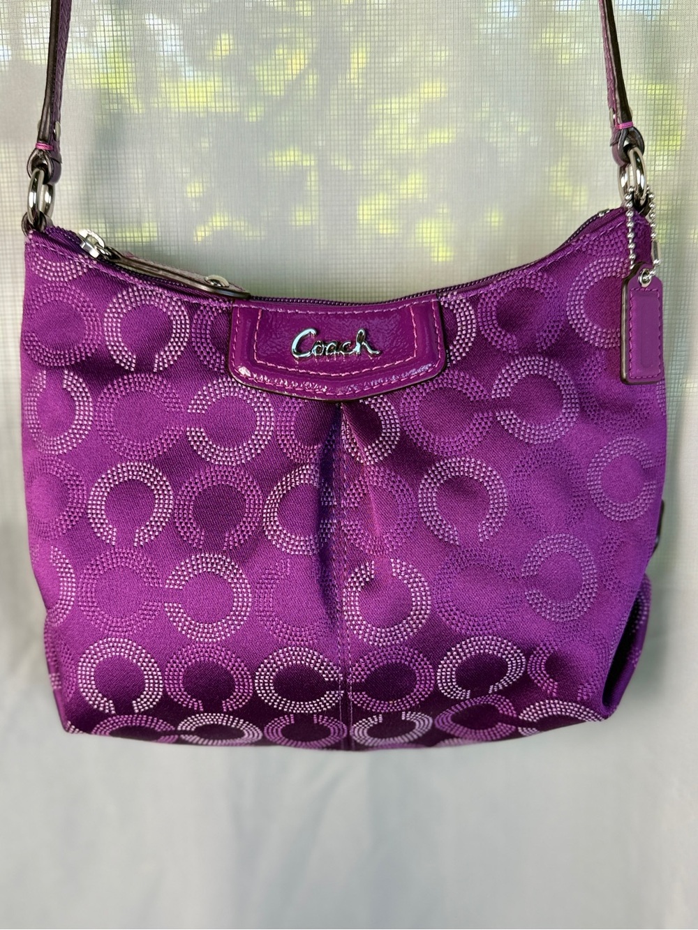 Coach Ashley Purple Dotted Op Art Sateen Hippie Crossbody Bag EUC